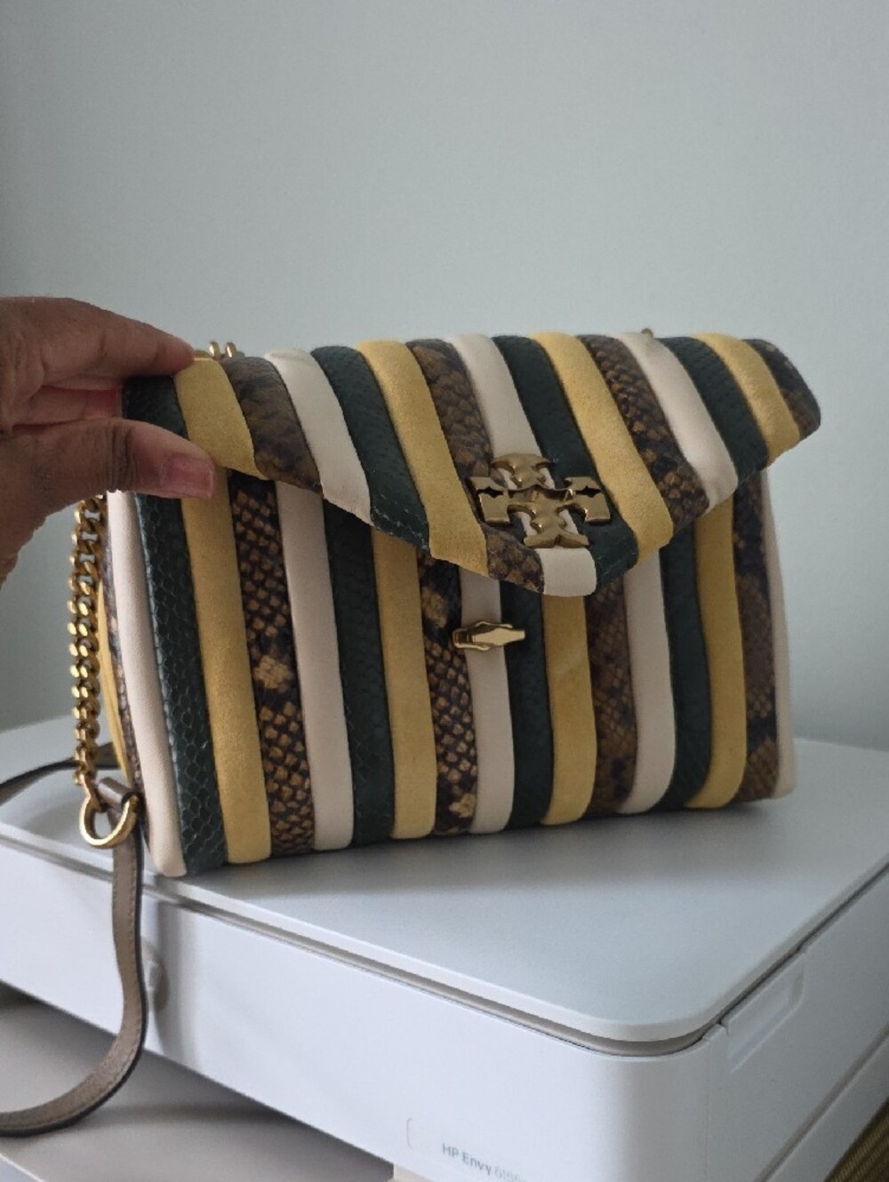 Tory Burch Kira Mustard Green Multi-Stripe Leather and Suede Shoulder Bag - Picture 4 of 6